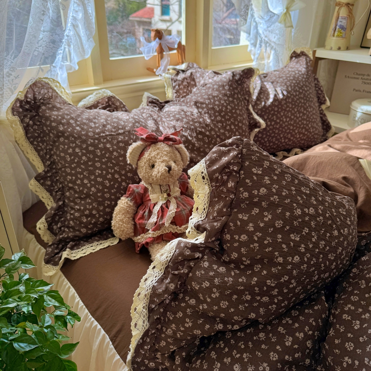 阿曼达 2026新款印花复古小碎花镂空蕾丝花边款四件套 复古小蕾丝-木绵笺.咖