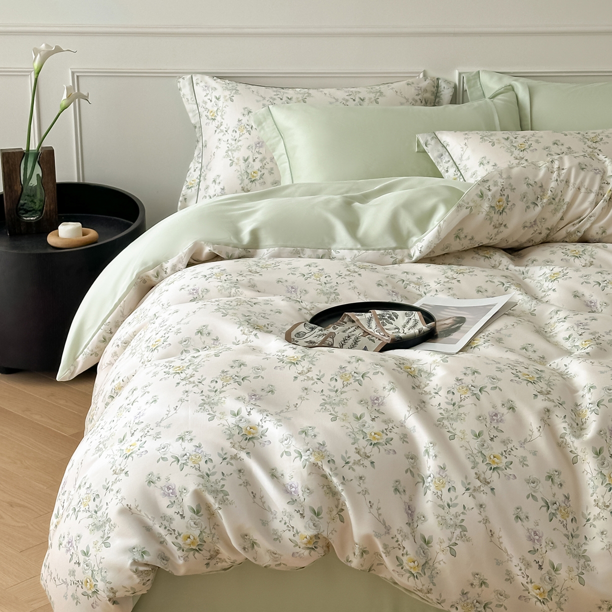 91家纺网 家纺一手货源 找家纺 启航家居 2026新款春夏天丝莱赛尔数码印花四件套 栀花语粉