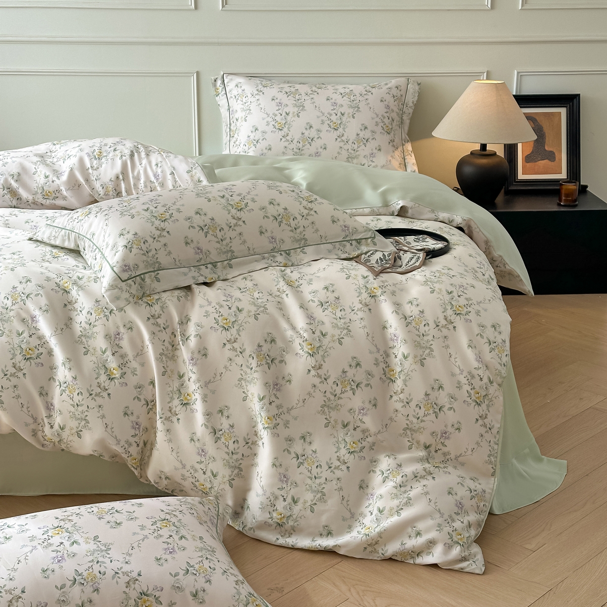 91家纺网 家纺一手货源 找家纺 启航家居 2026新款春夏天丝莱赛尔数码印花四件套 栀花语粉