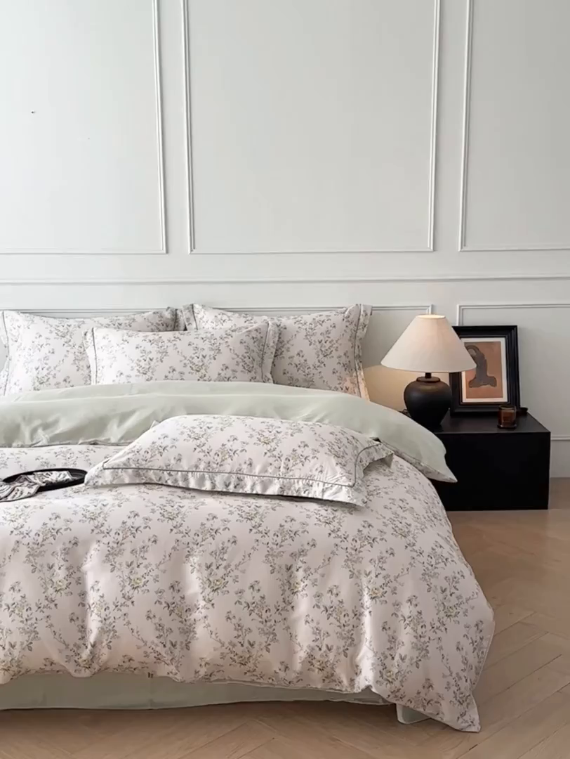 91家纺网 家纺一手货源 找家纺 启航家居 2026新款春夏天丝莱赛尔数码印花四件套 栀花语粉