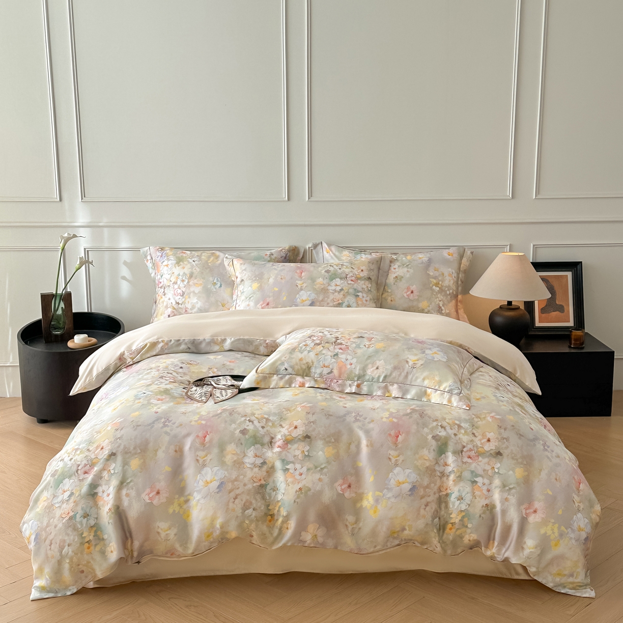 91家纺网 家纺一手货源 找家纺 启航家居 2026新款春夏天丝莱赛尔数码印花四件套 紫陌紫