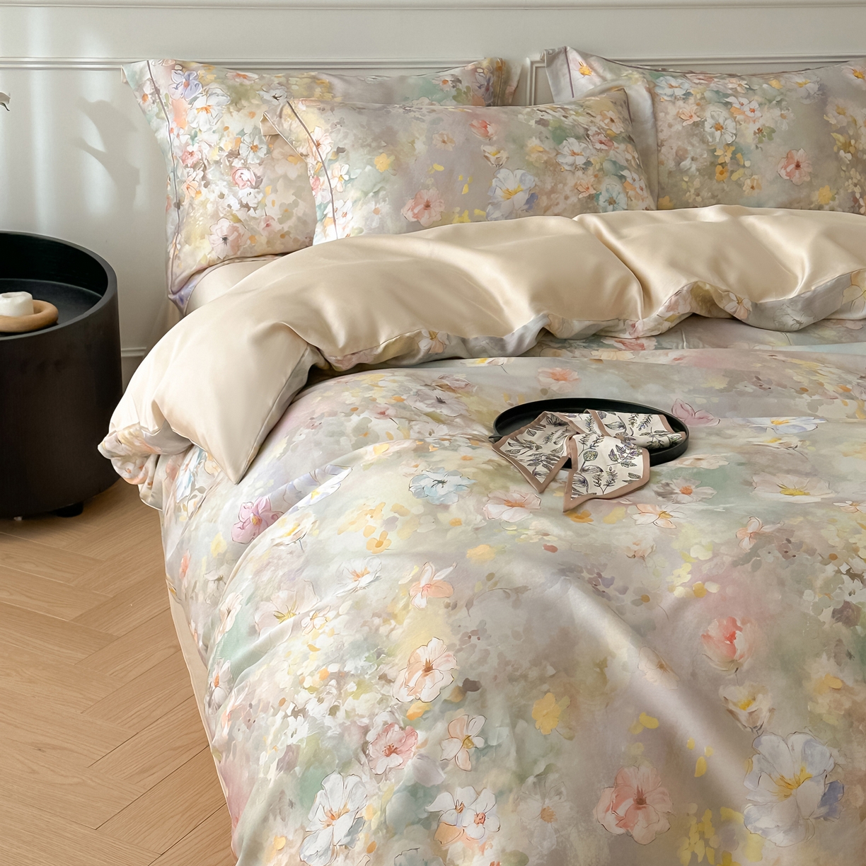 91家纺网 家纺一手货源 找家纺 启航家居 2026新款春夏天丝莱赛尔数码印花四件套 紫陌紫