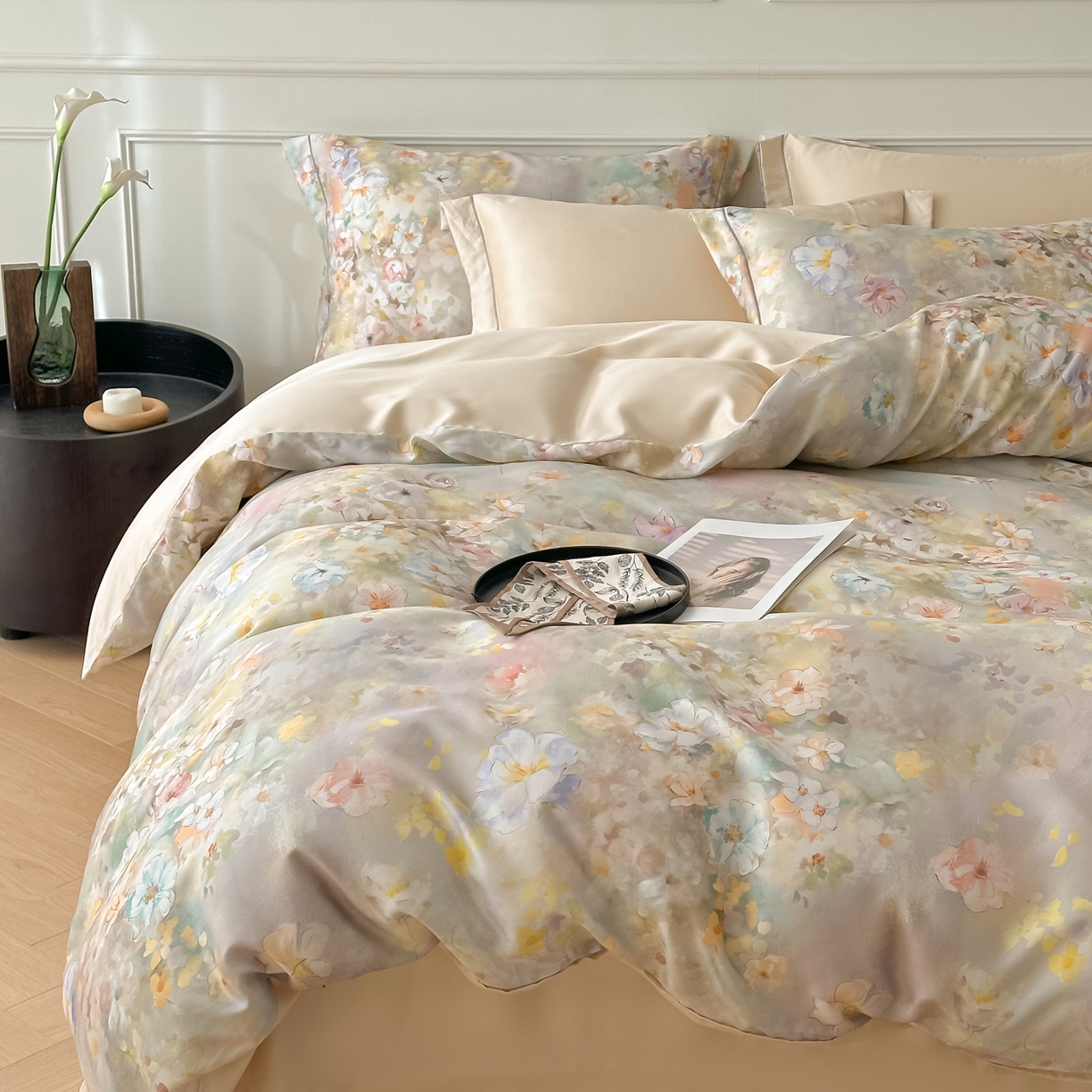 91家纺网 家纺一手货源 找家纺 启航家居 2026新款春夏天丝莱赛尔数码印花四件套 紫陌紫