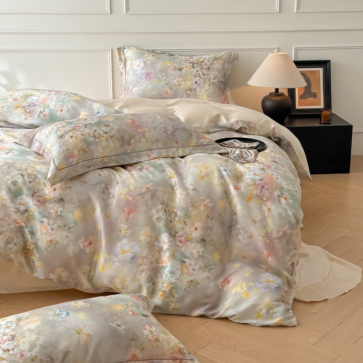 91家纺网 家纺一手货源 找家纺 启航家居 2026新款春夏天丝莱赛尔数码印花四件套 紫陌紫