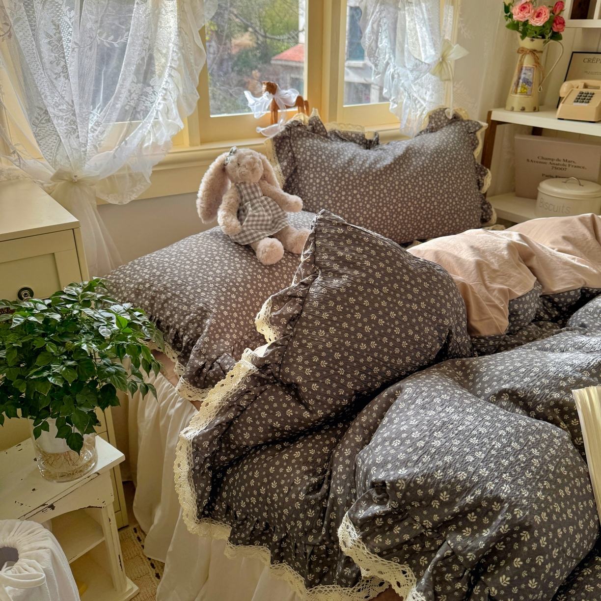 阿曼达 2026新款印花复古小碎花镂空蕾丝花边款四件套 复古小蕾丝-浅花.灰