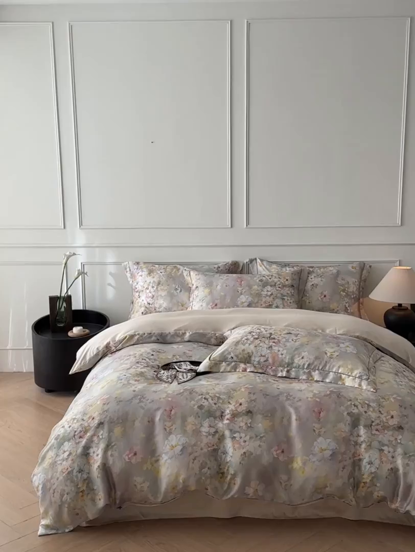 91家纺网 家纺一手货源 找家纺 启航家居 2026新款春夏天丝莱赛尔数码印花四件套 紫陌紫