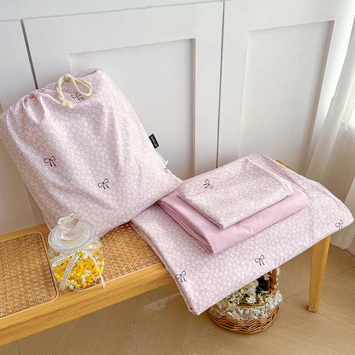 91家纺网 家纺一手货源 找家纺 铺尚美家纺 2026新款春款A类古法水洗仿棉云感棉小布袋四件套 蝴蝶结粉