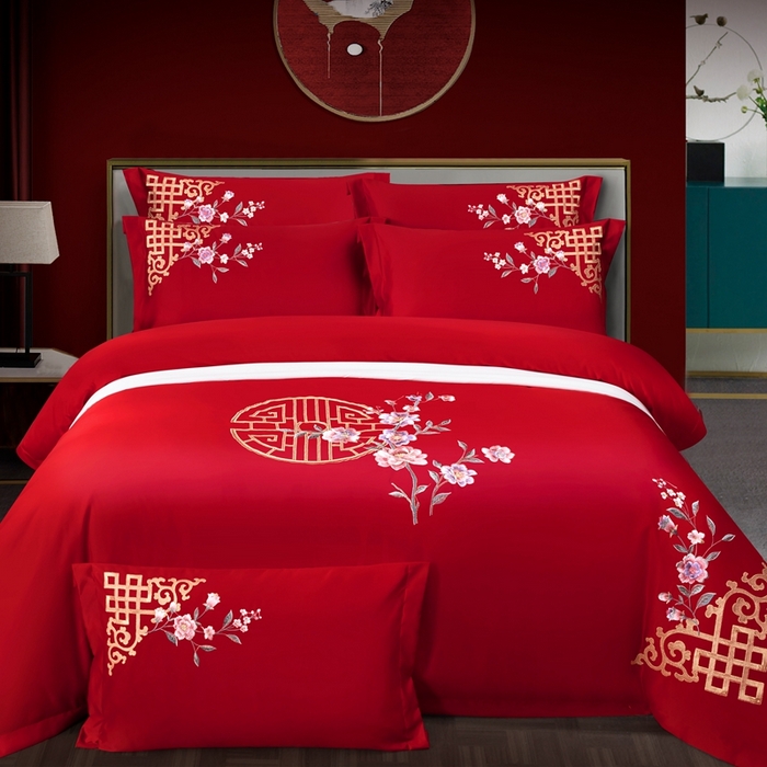 91家纺网 家纺一手货源 找家纺 慕她家纺 慕她畅销款全棉纯棉婚庆四件套大红色刺绣结婚床上用品 暗香 大红