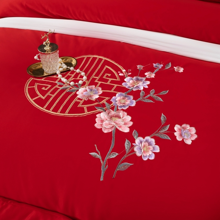 91家纺网 家纺一手货源 找家纺 慕她家纺 慕她畅销款全棉纯棉婚庆四件套大红色刺绣结婚床上用品 暗香 大红
