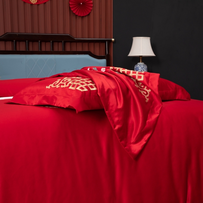 91家纺网 家纺一手货源 找家纺 慕她家纺 慕她畅销款全棉纯棉婚庆四件套大红色刺绣结婚床上用品 暗香 大红