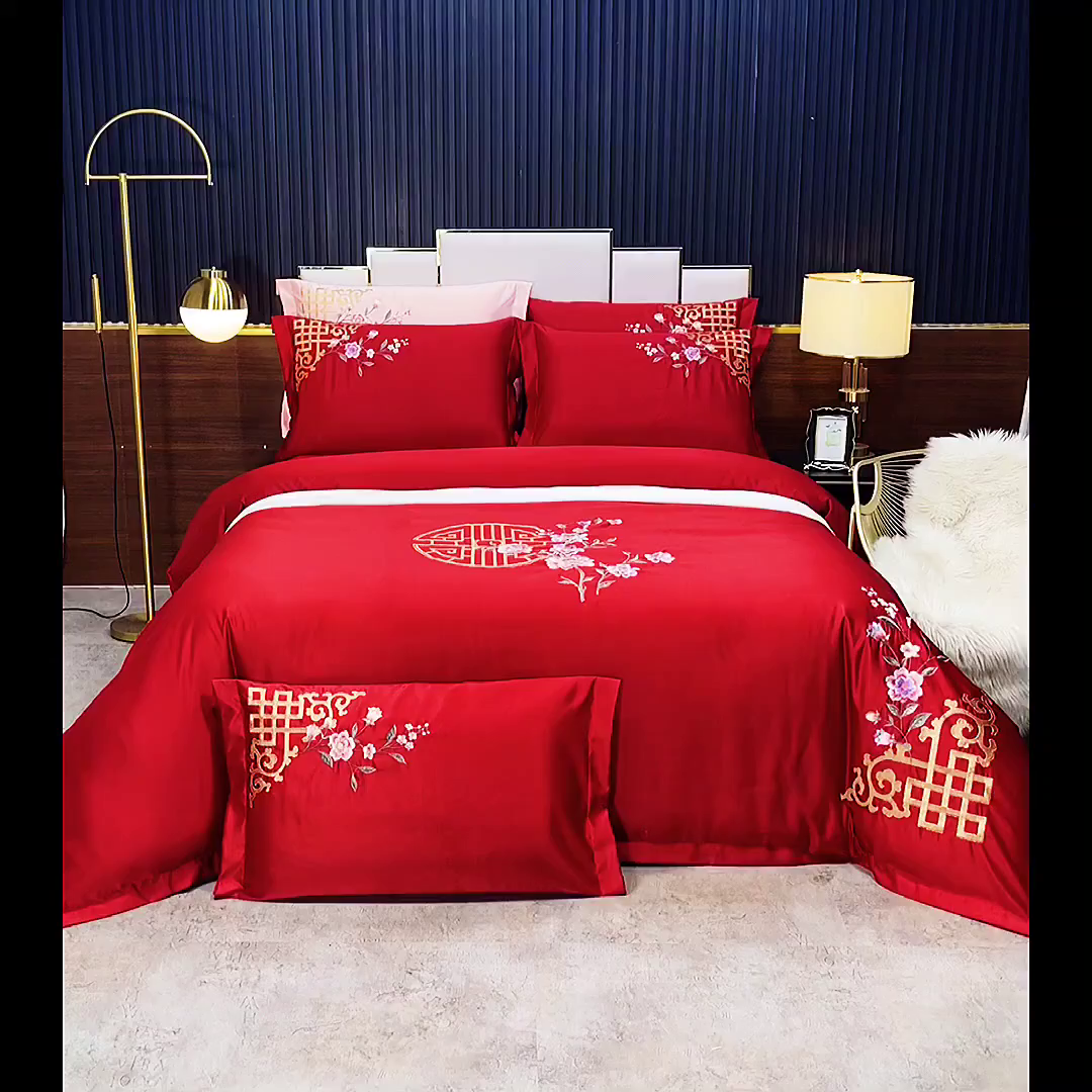 91家纺网 家纺一手货源 找家纺 慕她家纺 慕她畅销款全棉纯棉婚庆四件套大红色刺绣结婚床上用品 暗香 大红