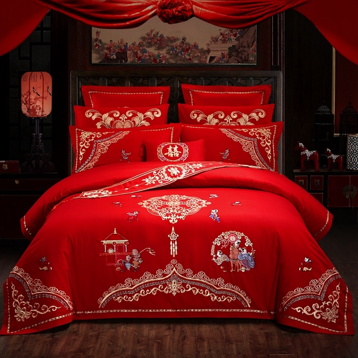 91家纺网 家纺一手货源 找家纺 慕她家纺 慕她畅销款全棉纯棉婚庆四件套大红色刺绣结婚床上用品 百子迎亲