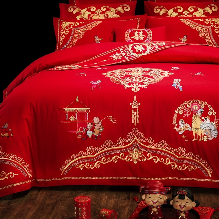 91家纺网 家纺一手货源 找家纺 慕她家纺 慕她畅销款全棉纯棉婚庆四件套大红色刺绣结婚床上用品 百子迎亲
