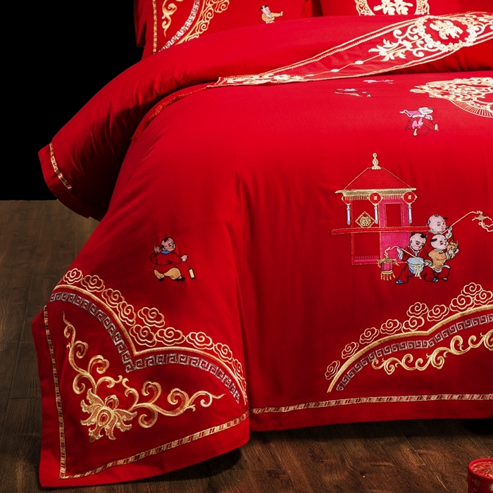 91家纺网 家纺一手货源 找家纺 慕她家纺 慕她畅销款全棉纯棉婚庆四件套大红色刺绣结婚床上用品 百子迎亲
