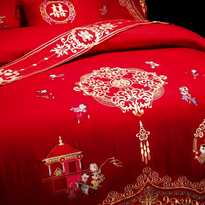 91家纺网 家纺一手货源 找家纺 慕她家纺 慕她畅销款全棉纯棉婚庆四件套大红色刺绣结婚床上用品 百子迎亲