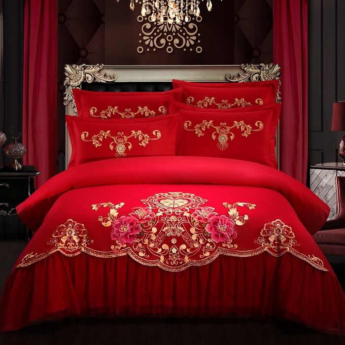 慕她家纺 慕她畅销款全棉纯棉婚庆四件套大红色刺绣结婚床上用品 花蔓喜多 大红