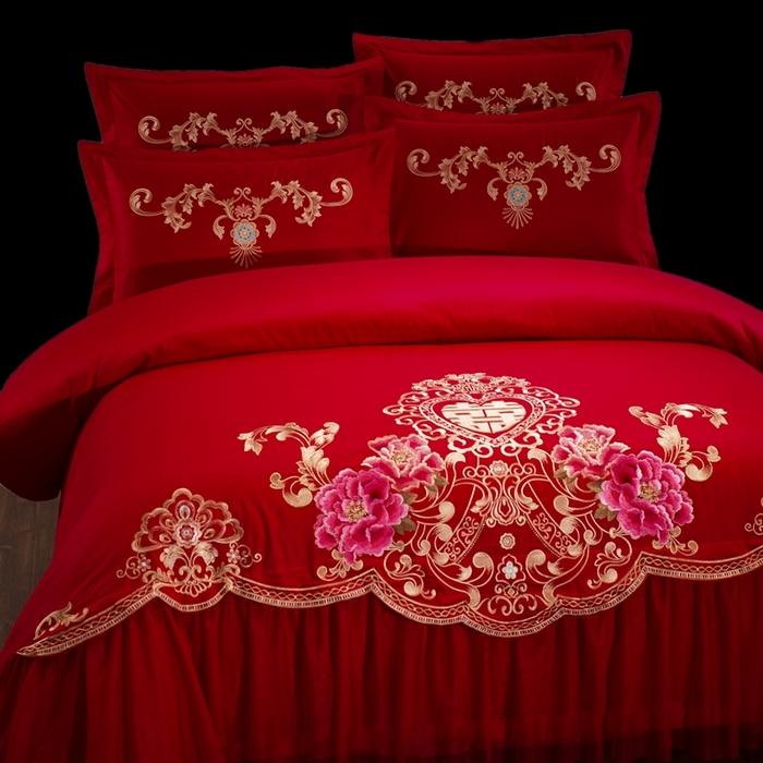 91家纺网 家纺一手货源 找家纺 慕她家纺 慕她畅销款全棉纯棉婚庆四件套大红色刺绣结婚床上用品 花蔓喜多 大红