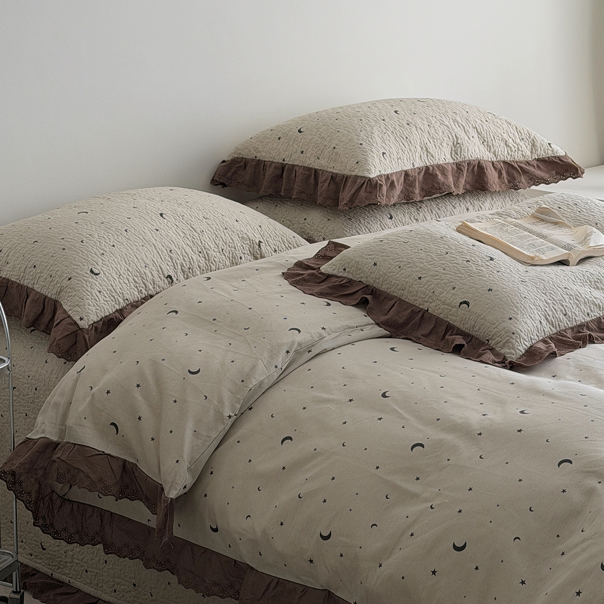 91家纺网 家纺一手货源 找家纺 佰织鑫家居 2026新款全棉法式砂洗棉花床盖款被套四件套星星月亮