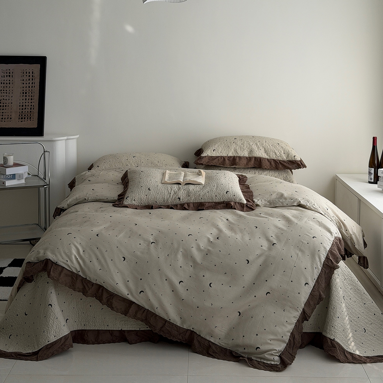 91家纺网 家纺一手货源 找家纺 佰织鑫家居 2026新款全棉法式砂洗棉花床盖款被套四件套星星月亮