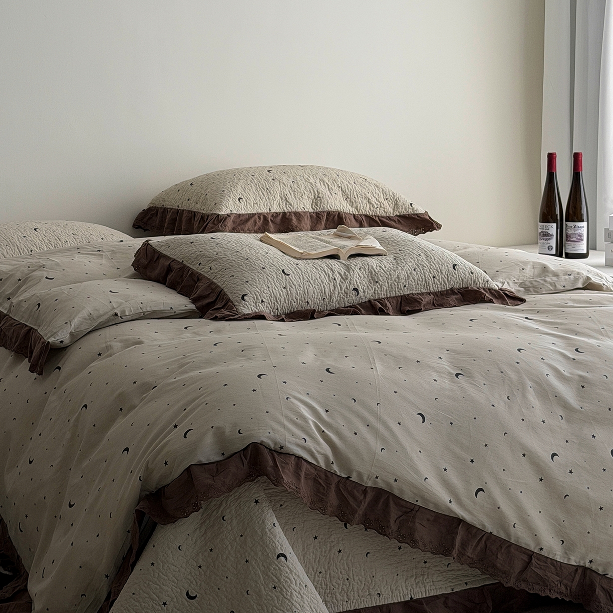 91家纺网 家纺一手货源 找家纺 佰织鑫家居 2026新款全棉法式砂洗棉花床盖款被套四件套星星月亮