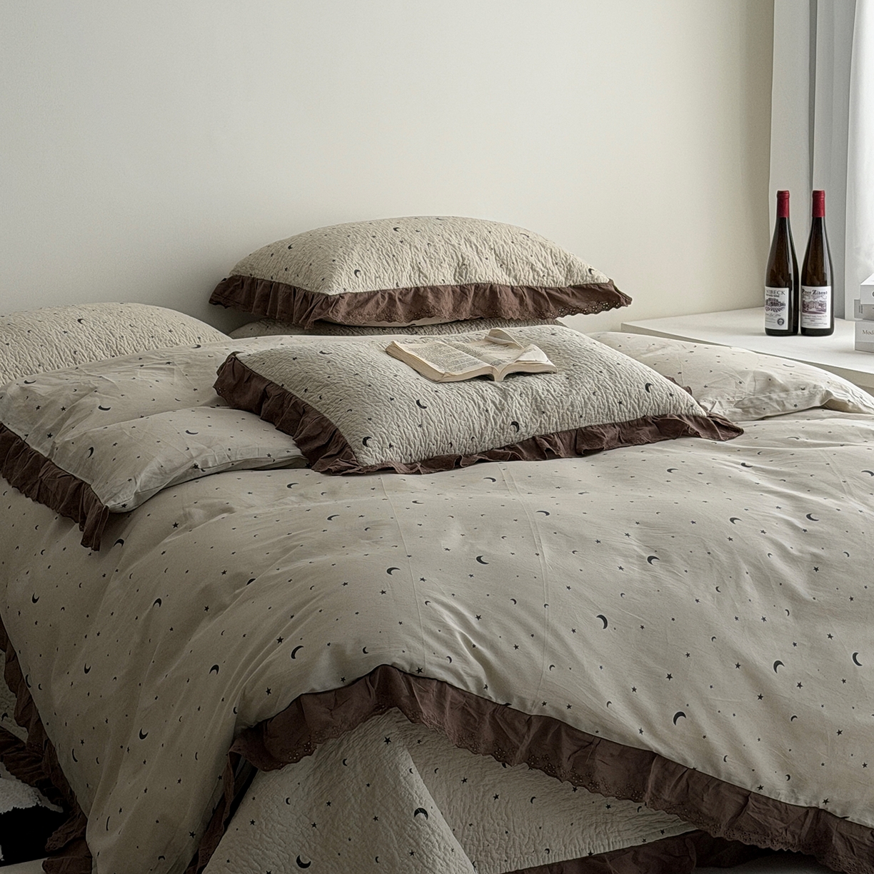 91家纺网 家纺一手货源 找家纺 佰织鑫家居 2026新款全棉法式砂洗棉花床盖款被套四件套星星月亮