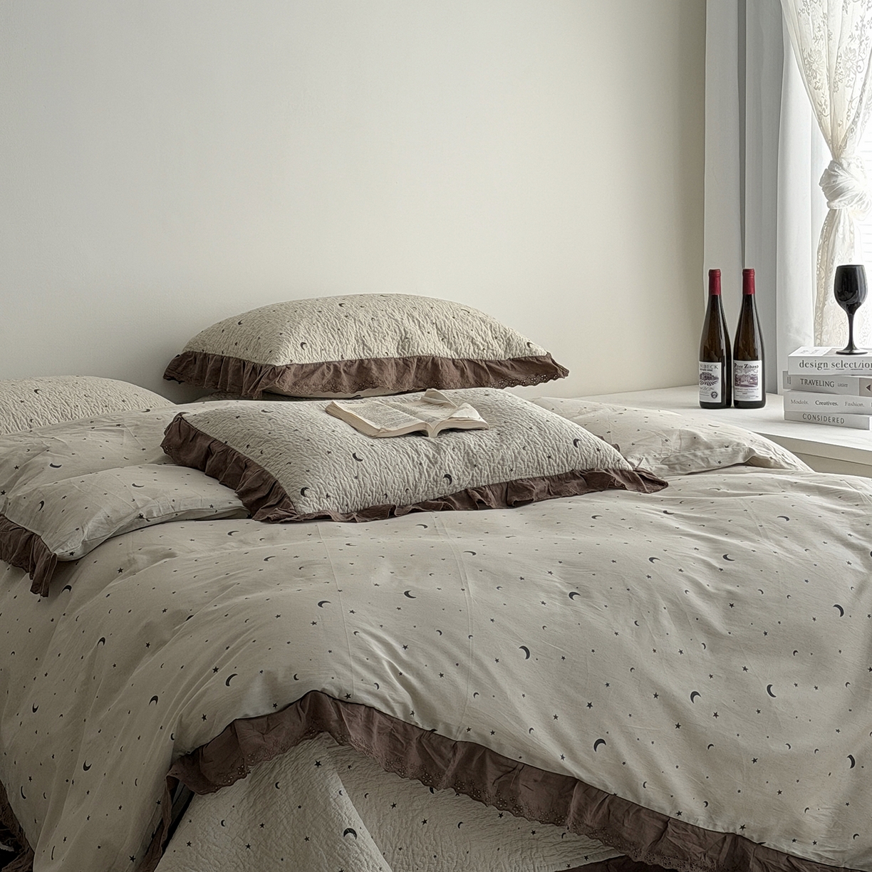 91家纺网 家纺一手货源 找家纺 佰织鑫家居 2026新款全棉法式砂洗棉花床盖款被套四件套星星月亮