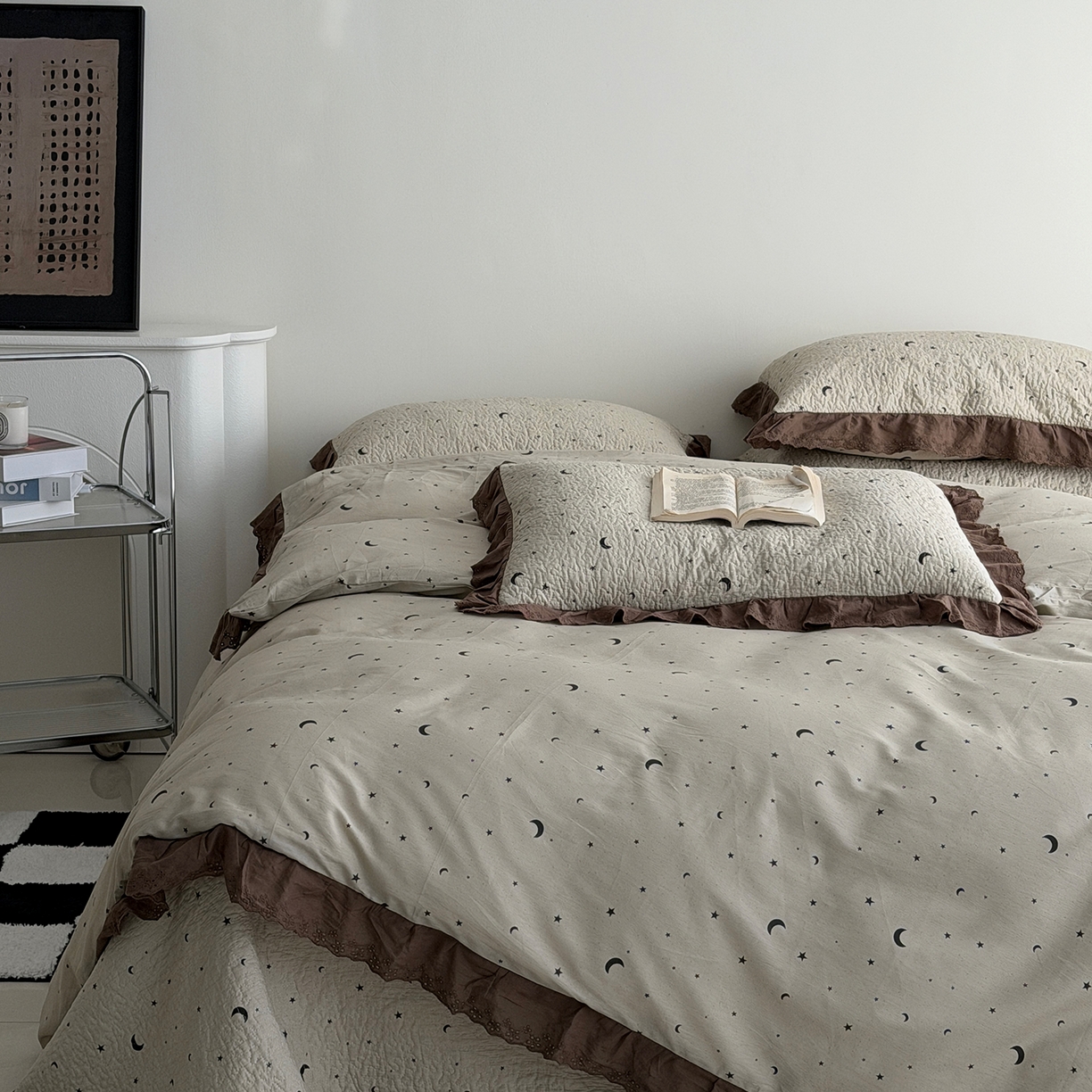 91家纺网 家纺一手货源 找家纺 佰织鑫家居 2026新款全棉法式砂洗棉花床盖款被套四件套星星月亮