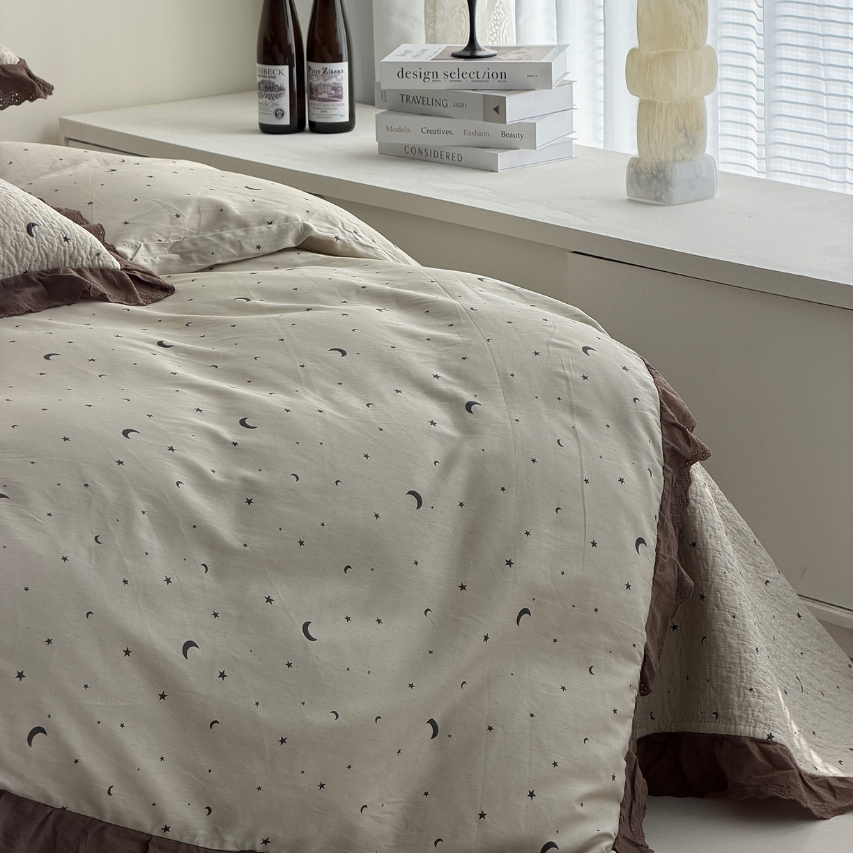 91家纺网 家纺一手货源 找家纺 佰织鑫家居 2026新款全棉法式砂洗棉花床盖款被套四件套星星月亮