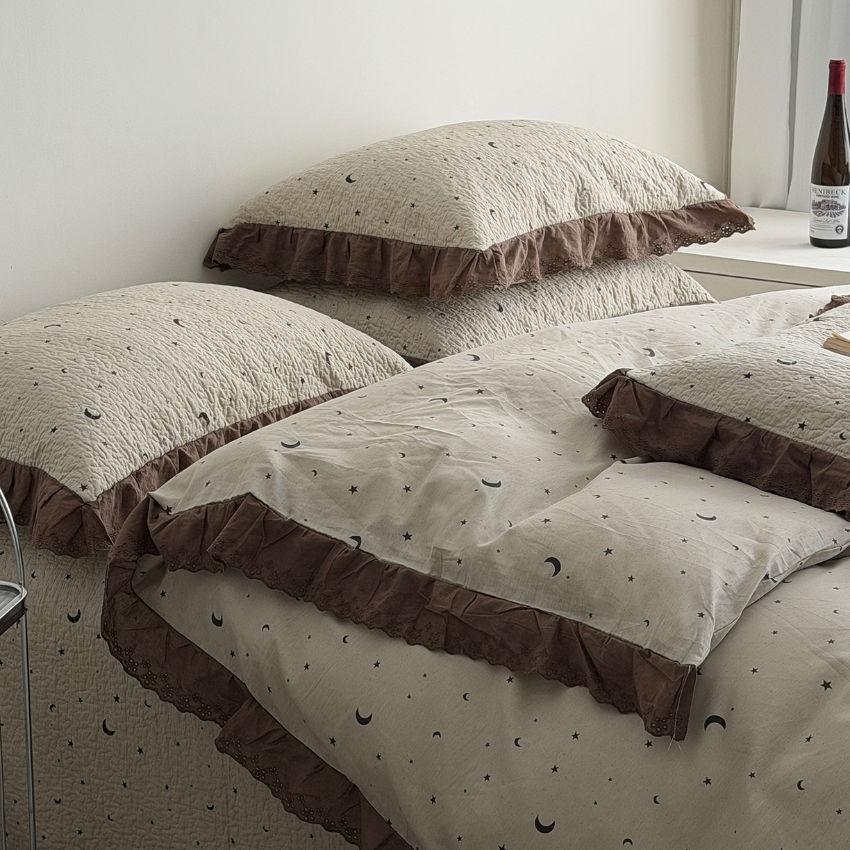 91家纺网 家纺一手货源 找家纺 佰织鑫家居 2026新款全棉法式砂洗棉花床盖款被套四件套星星月亮