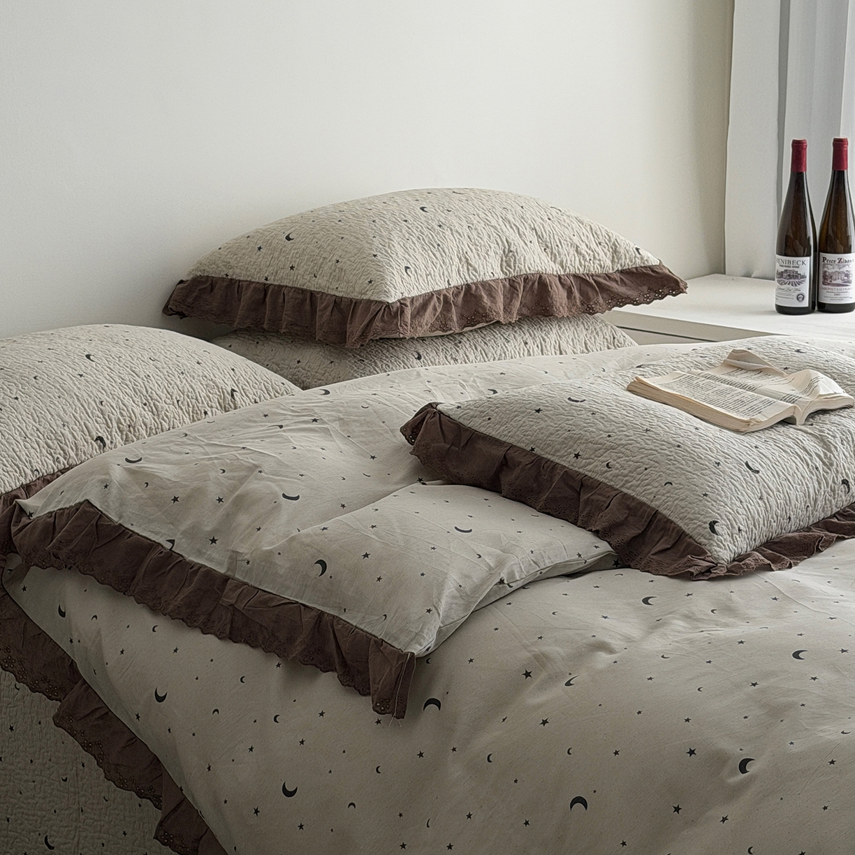 91家纺网 家纺一手货源 找家纺 佰织鑫家居 2026新款全棉法式砂洗棉花床盖款被套四件套星星月亮