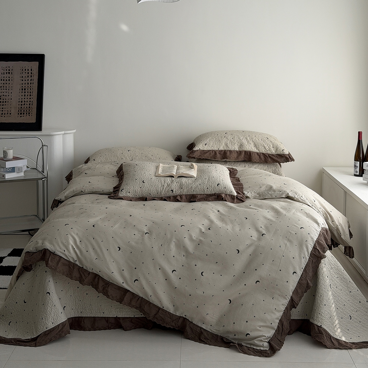 91家纺网 家纺一手货源 找家纺 佰织鑫家居 2026新款全棉法式砂洗棉花床盖款被套四件套星星月亮