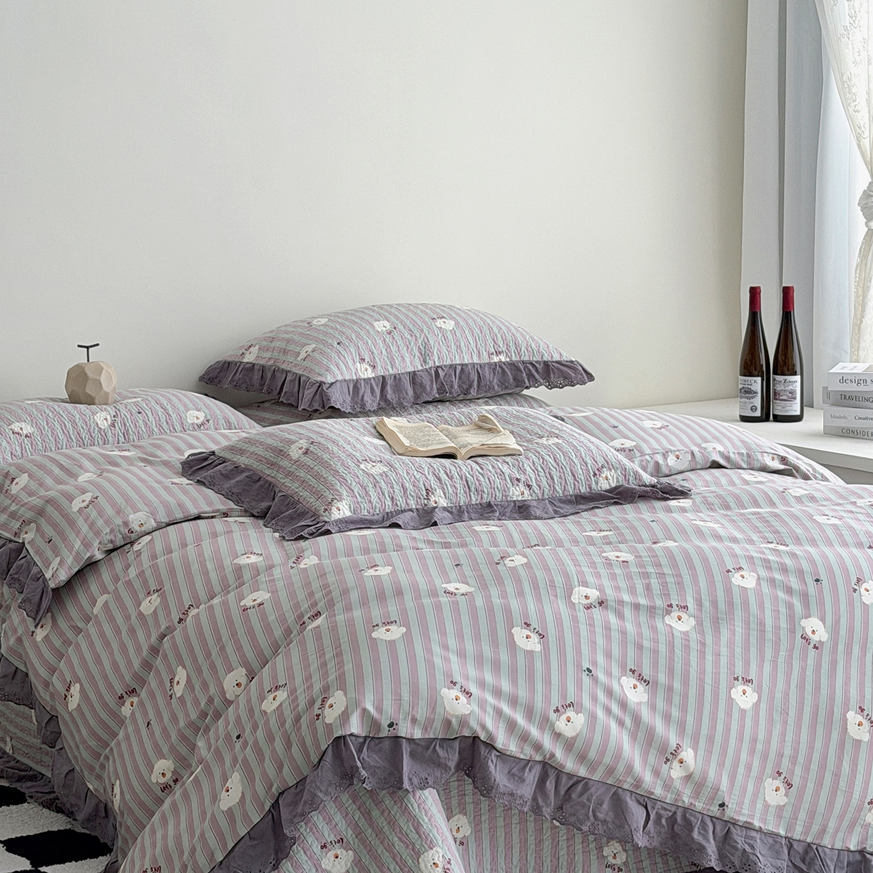 91家纺网 家纺一手货源 找家纺 佰织鑫家居 2026新款全棉法式砂洗棉花床盖款被套四件套泰迪紫