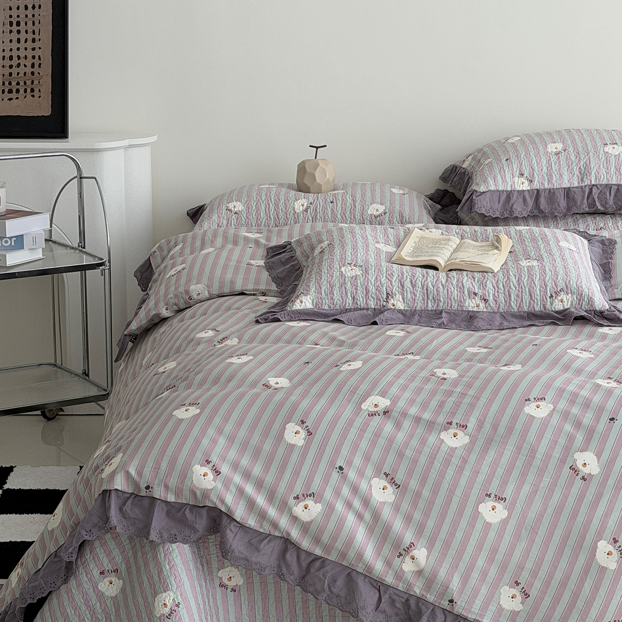 91家纺网 家纺一手货源 找家纺 佰织鑫家居 2026新款全棉法式砂洗棉花床盖款被套四件套泰迪紫