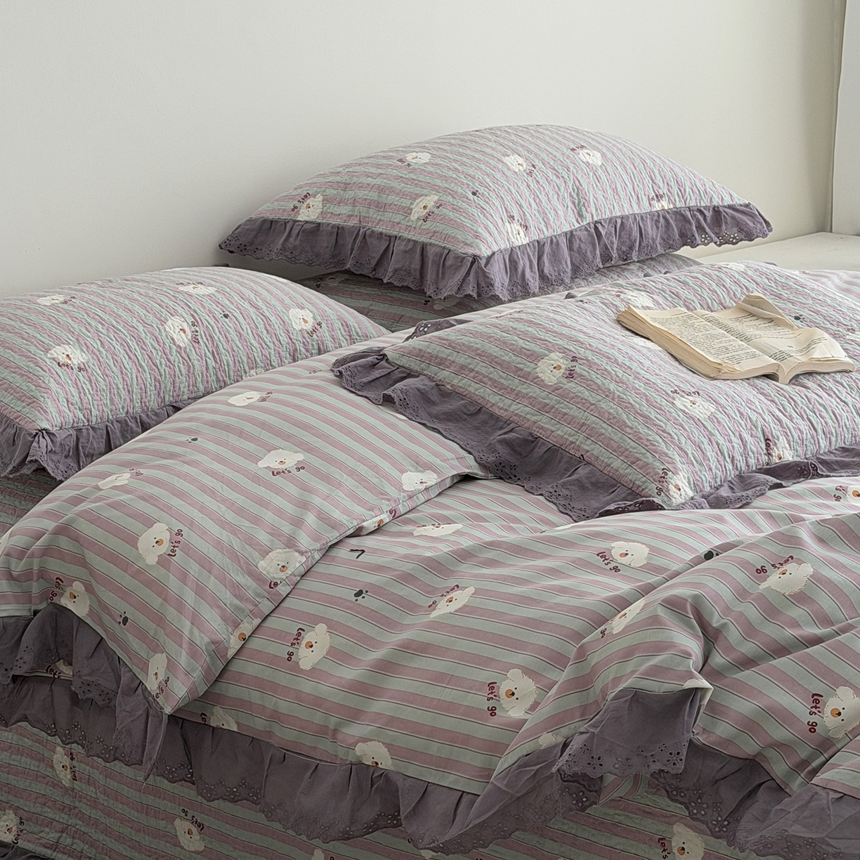 91家纺网 家纺一手货源 找家纺 佰织鑫家居 2026新款全棉法式砂洗棉花床盖款被套四件套泰迪紫