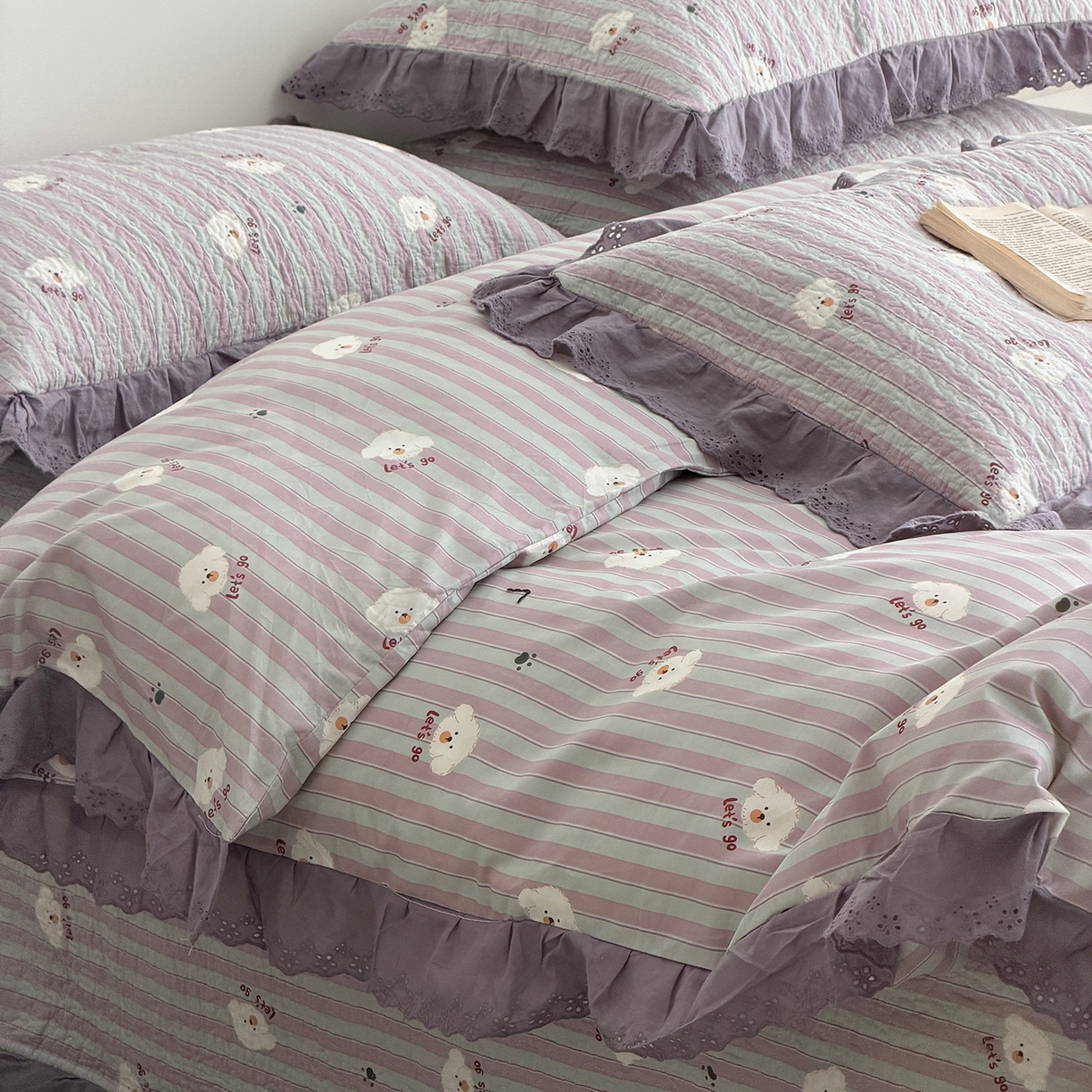 91家纺网 家纺一手货源 找家纺 佰织鑫家居 2026新款全棉法式砂洗棉花床盖款被套四件套泰迪紫