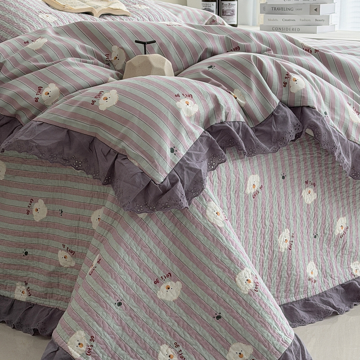 91家纺网 家纺一手货源 找家纺 佰织鑫家居 2026新款全棉法式砂洗棉花床盖款被套四件套泰迪紫