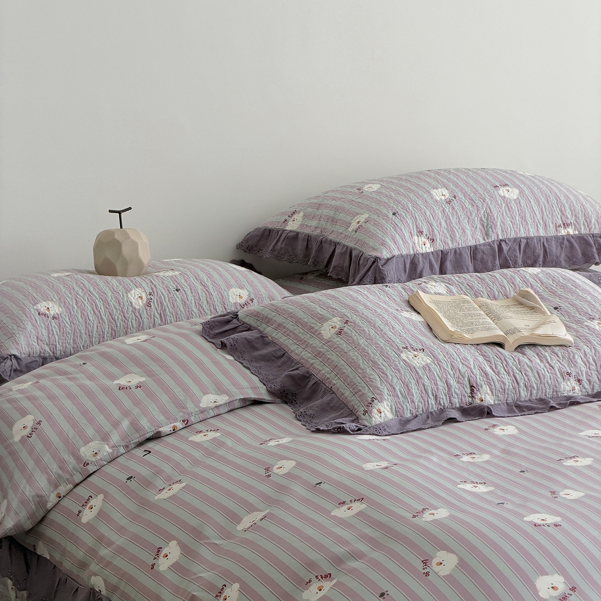 91家纺网 家纺一手货源 找家纺 佰织鑫家居 2026新款全棉法式砂洗棉花床盖款被套四件套泰迪紫