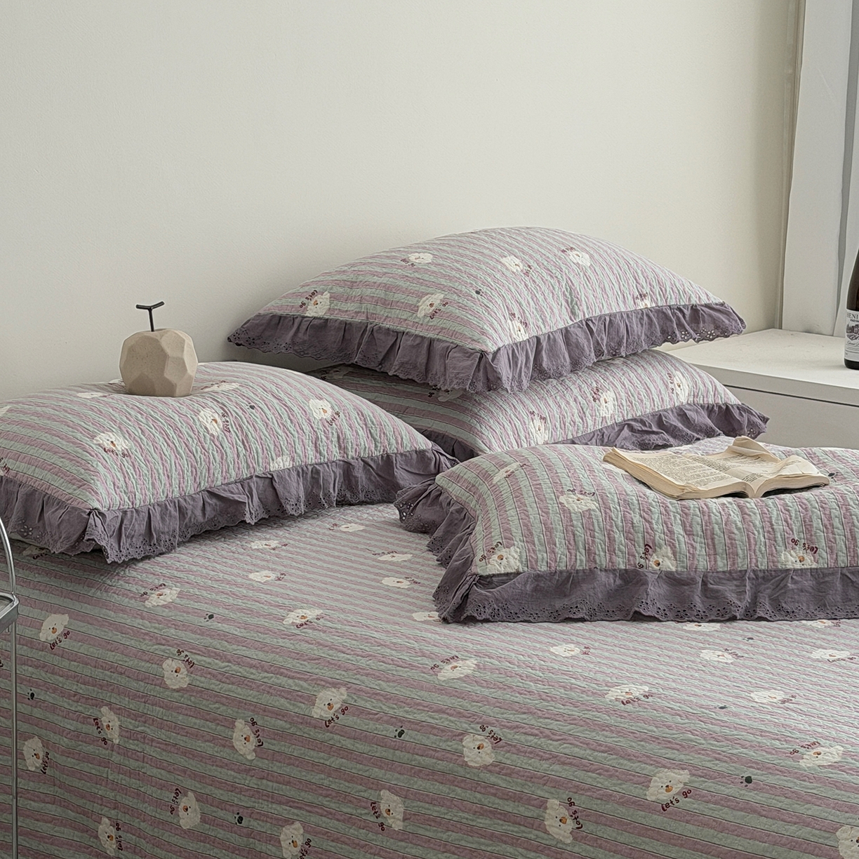 91家纺网 家纺一手货源 找家纺 佰织鑫家居 2026新款全棉法式砂洗棉花床盖款被套四件套泰迪紫