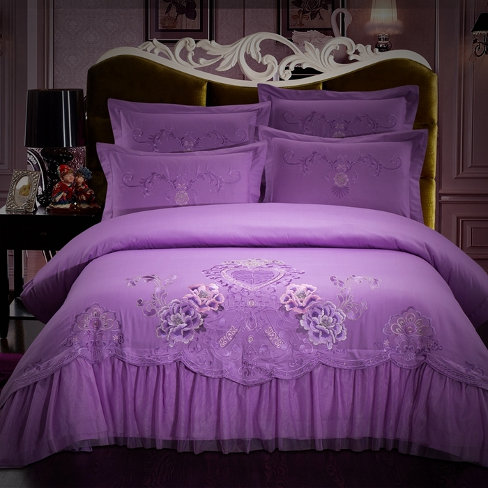 慕她家纺 慕她畅销款全棉纯棉婚庆四件套大红色刺绣结婚床上用品 花蔓喜多 雪青