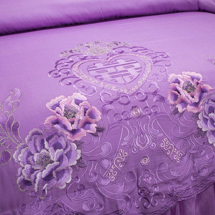 91家纺网 家纺一手货源 找家纺 慕她家纺 慕她畅销款全棉纯棉婚庆四件套大红色刺绣结婚床上用品 花蔓喜多 雪青