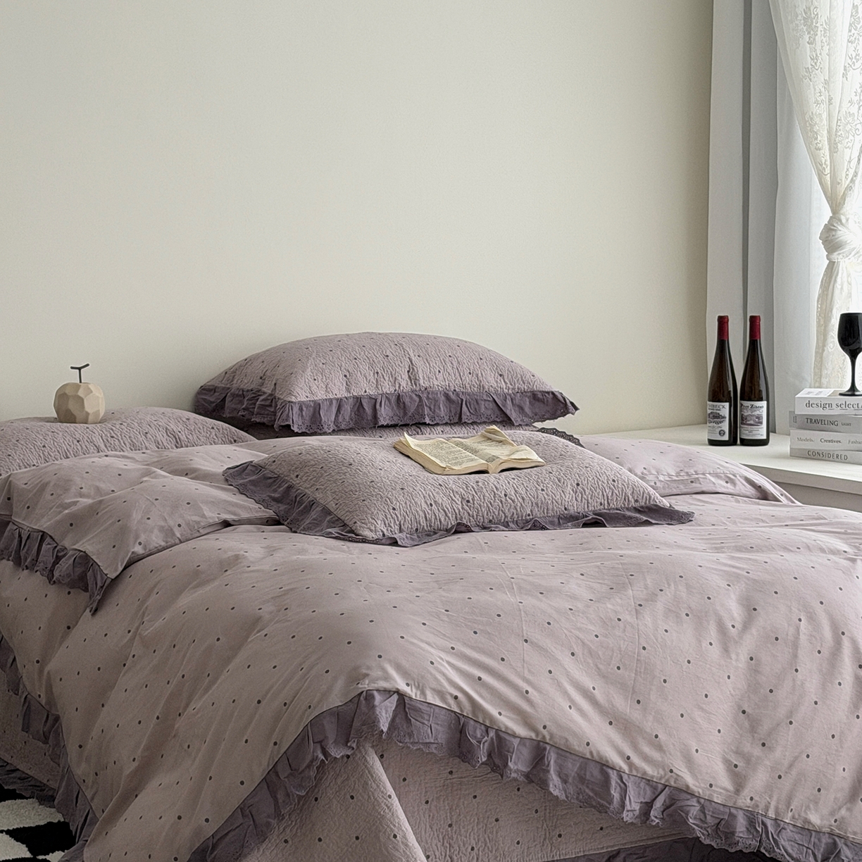 91家纺网 家纺一手货源 找家纺 佰织鑫家居 2026新款全棉法式砂洗棉花床盖款被套四件套紫波点