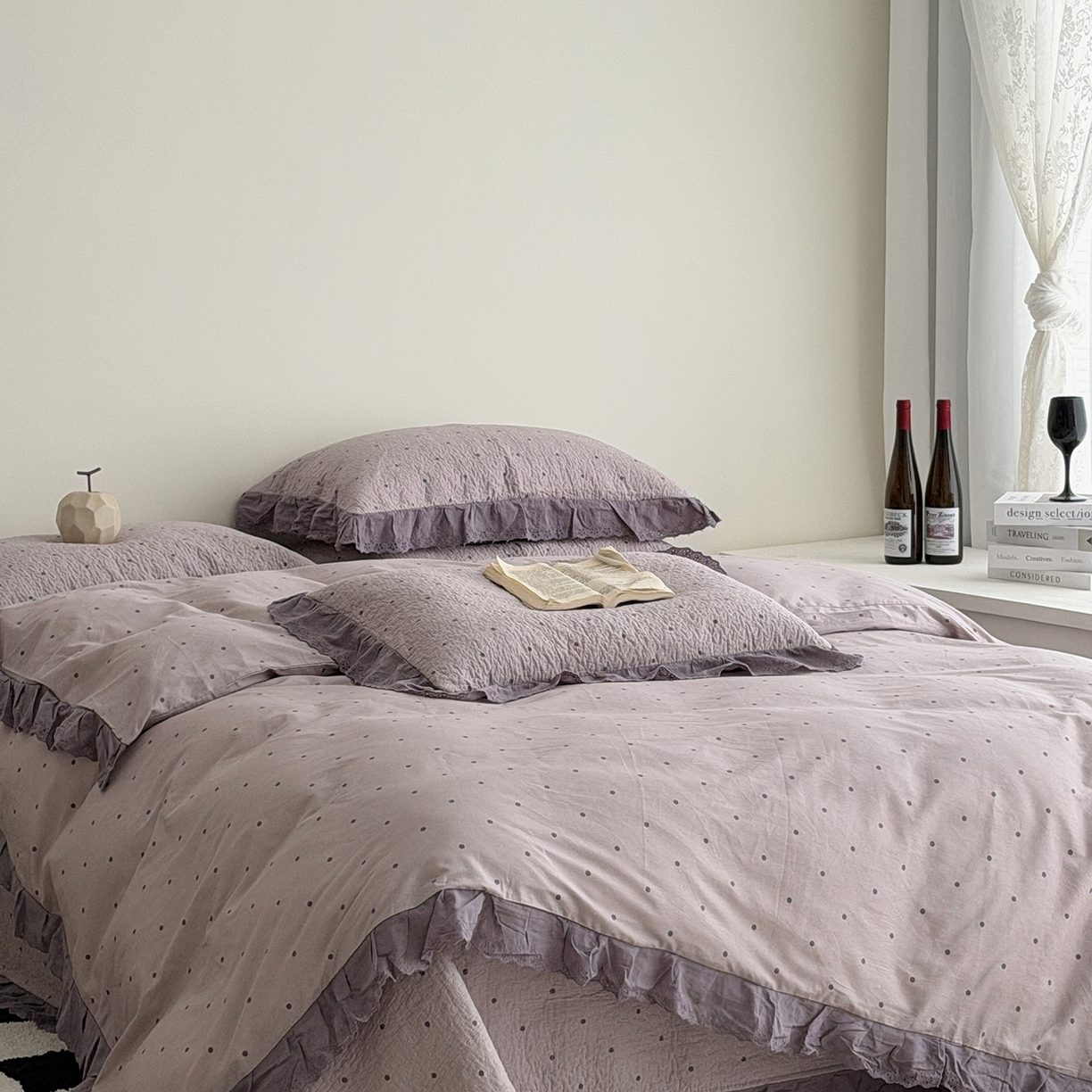 91家纺网 家纺一手货源 找家纺 佰织鑫家居 2026新款全棉法式砂洗棉花床盖款被套四件套紫波点