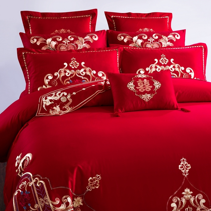91家纺网 家纺一手货源 找家纺 慕她家纺 慕她畅销款全棉纯棉婚庆四件套大红色刺绣结婚床上用品 皇室婚嫁