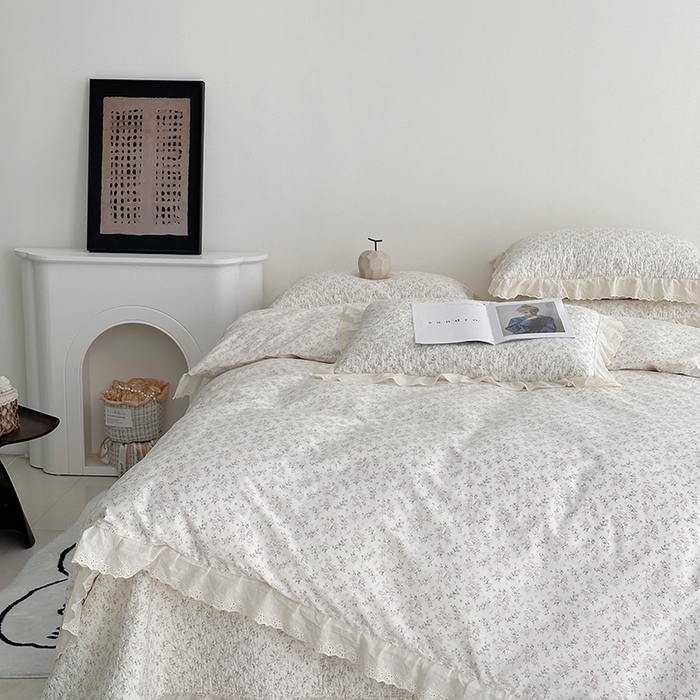 91家纺网 家纺一手货源 找家纺 佰织鑫家居 2026新款全棉法式砂洗棉花床盖款被套四件套 桃花庵