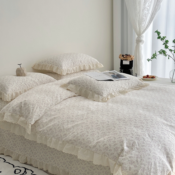 91家纺网 家纺一手货源 找家纺 佰织鑫家居 2026新款全棉法式砂洗棉花床盖款被套四件套 桃花庵