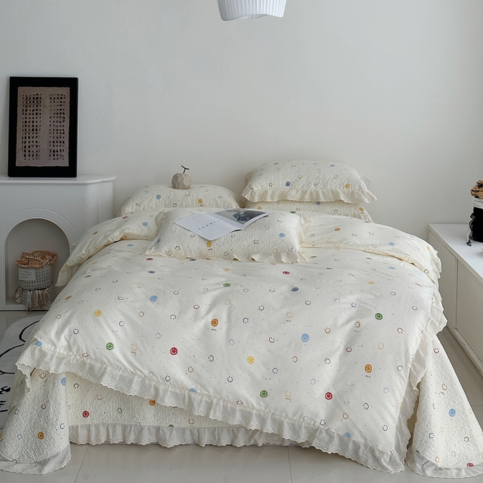 佰织鑫家居 2026新款全棉法式砂洗棉花床盖款被套四件套 笑脸