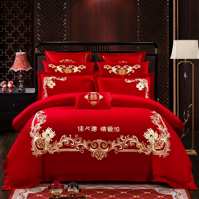 慕她家纺 慕她畅销款全棉纯棉婚庆四件套大红色刺绣结婚床上用品 佳人情浓