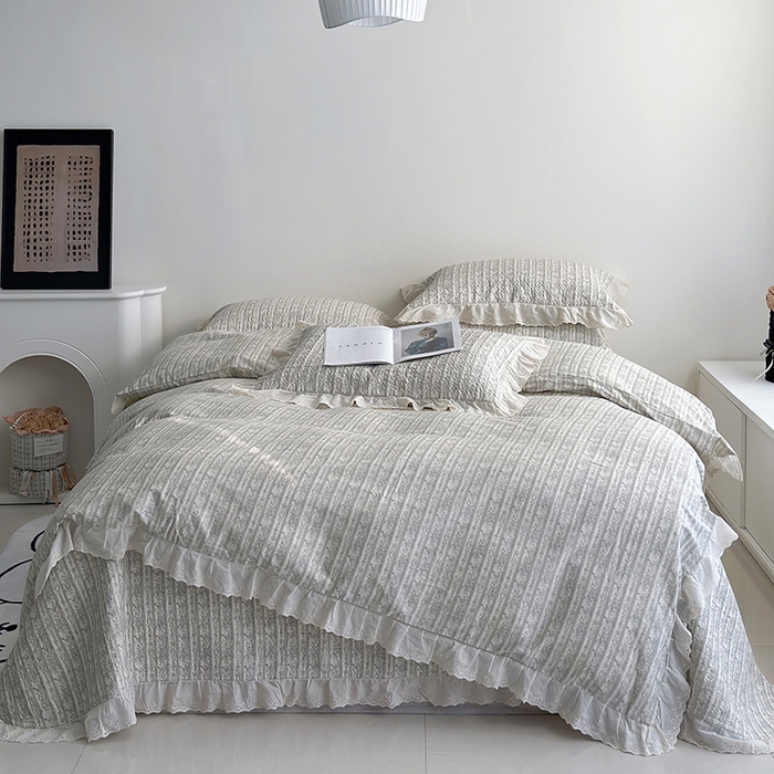 91家纺网 家纺一手货源 找家纺 佰织鑫家居 2026新款全棉法式砂洗棉花床盖款被套四件套 伊甸园