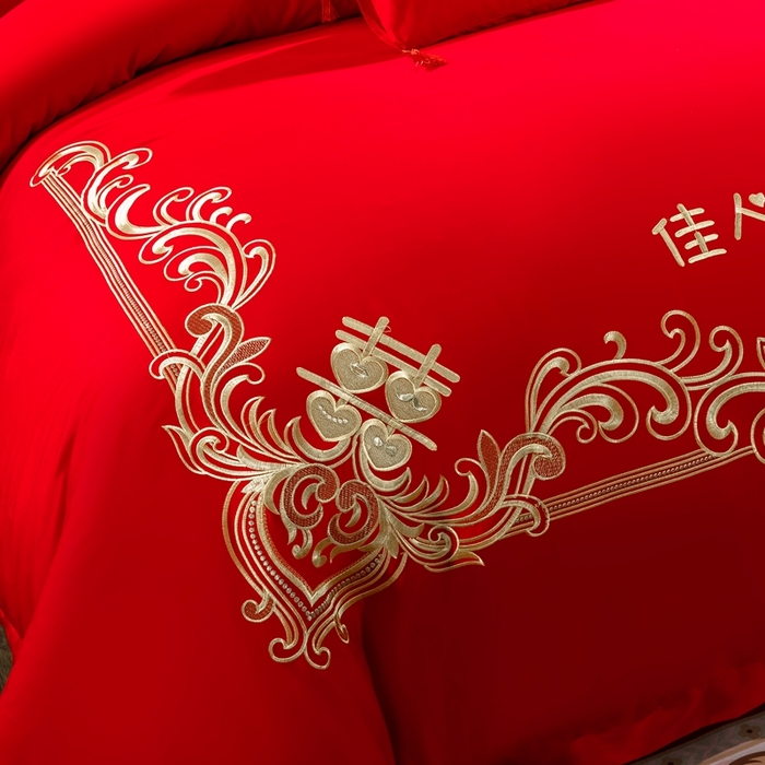 91家纺网 家纺一手货源 找家纺 慕她家纺 慕她畅销款全棉纯棉婚庆四件套大红色刺绣结婚床上用品 佳人情浓