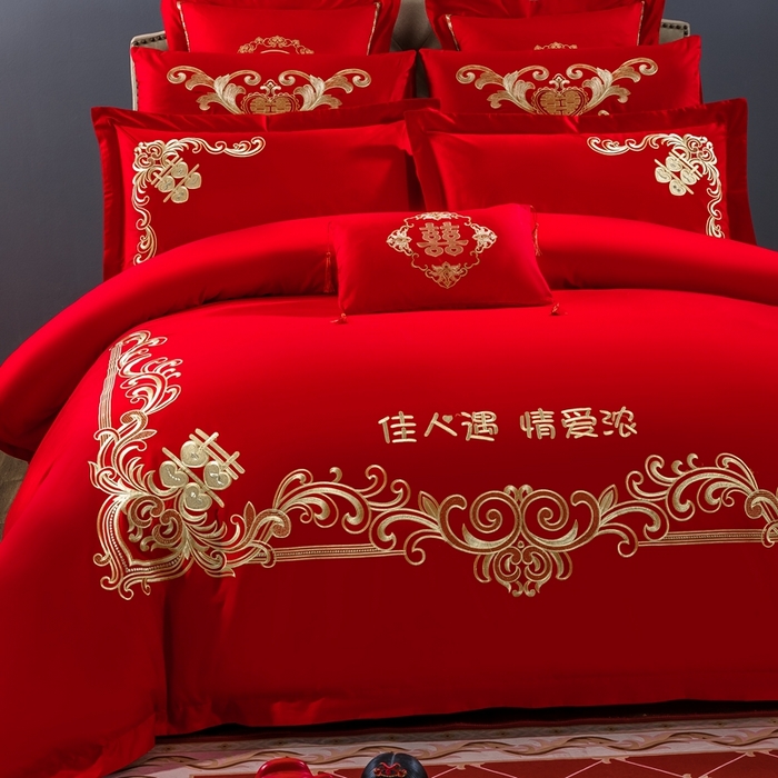 91家纺网 家纺一手货源 找家纺 慕她家纺 慕她畅销款全棉纯棉婚庆四件套大红色刺绣结婚床上用品 佳人情浓